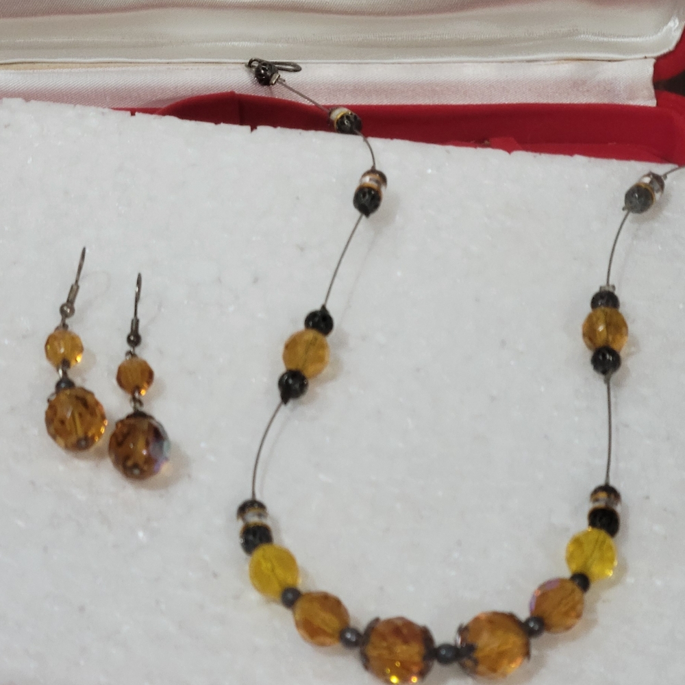 Elegant Amber Crystal and Black Beaded Necklace and Earring Set